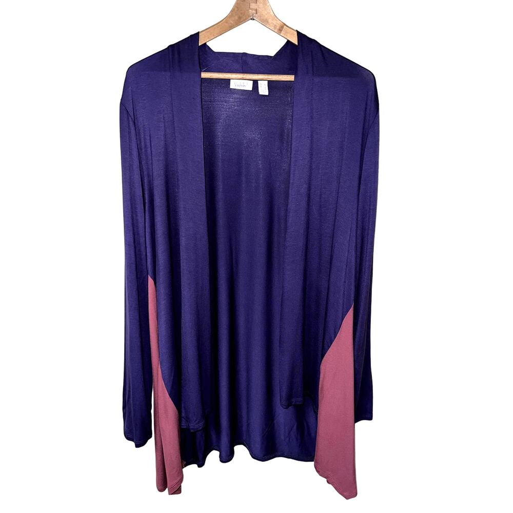 Logo Lori Goldstein Large CARDIGAN Open Front Colorblock Stripe Purple 14 16 QVC